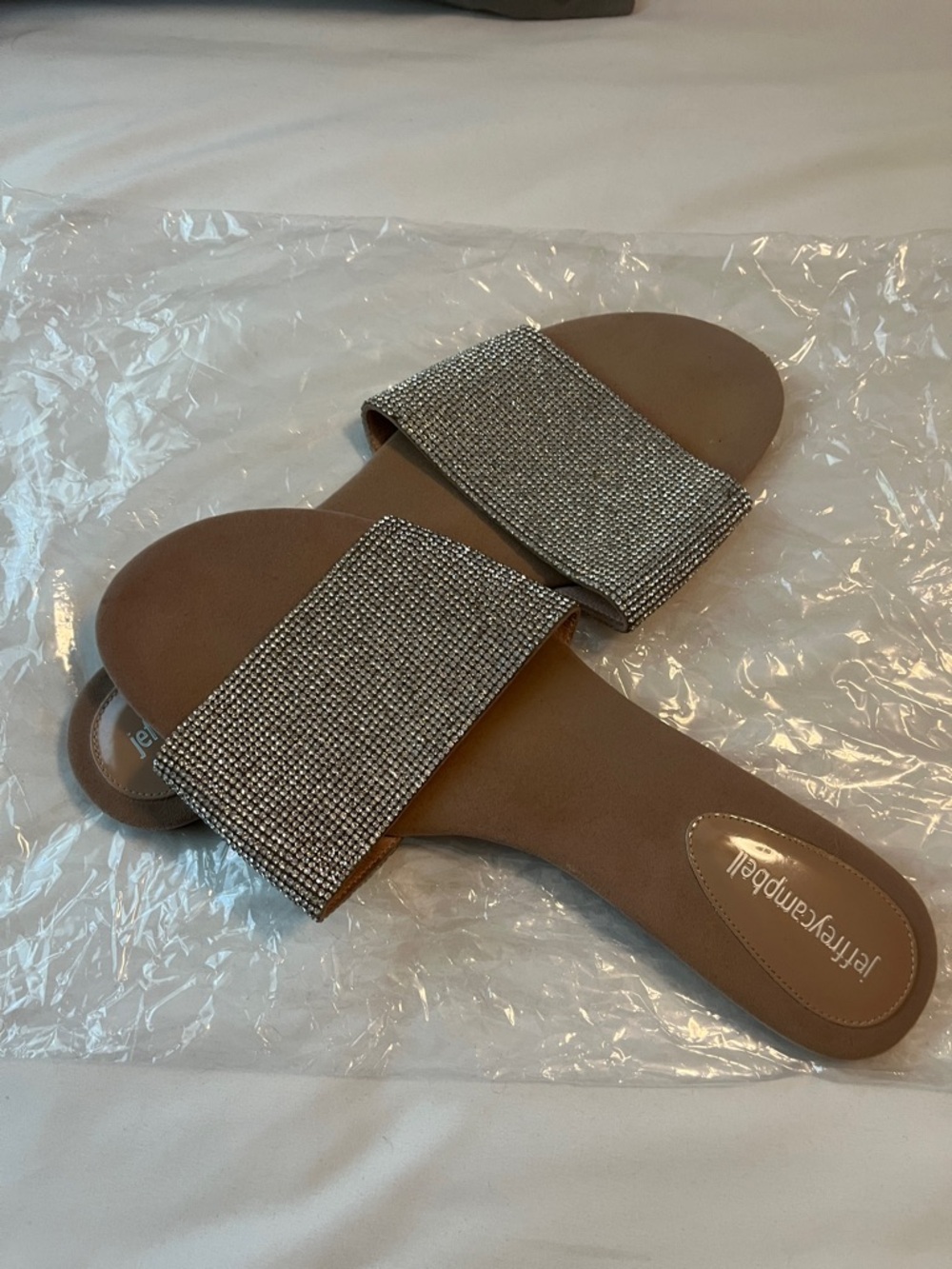 Jeffrey Campbell Taupe Slides with Sparkling Crystal Straps